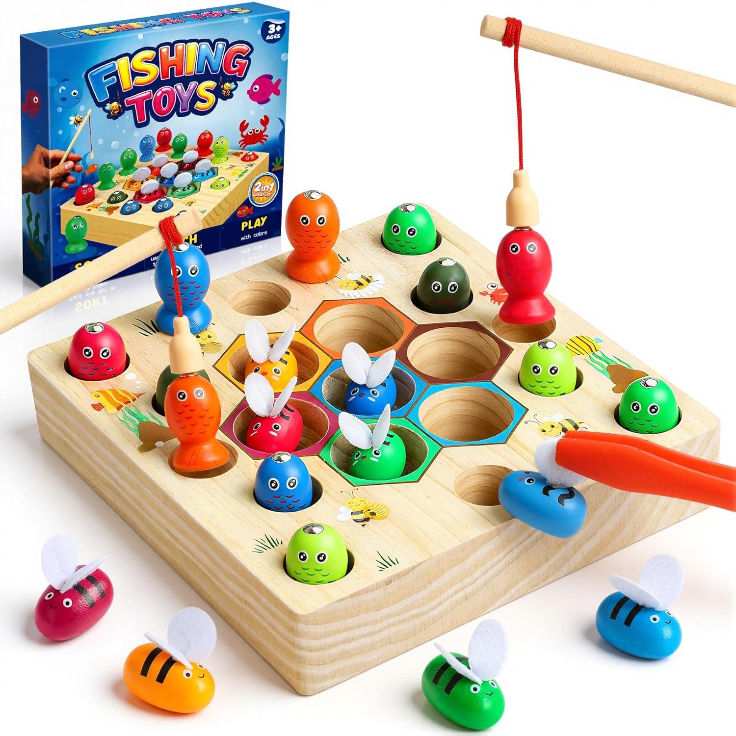 Felly Jouet Montessori Bois 2 En 1 – Pêche Magnétique Et Puzzle D’Empilage – 1 2 3 Ans – Cadeau Anniversaire